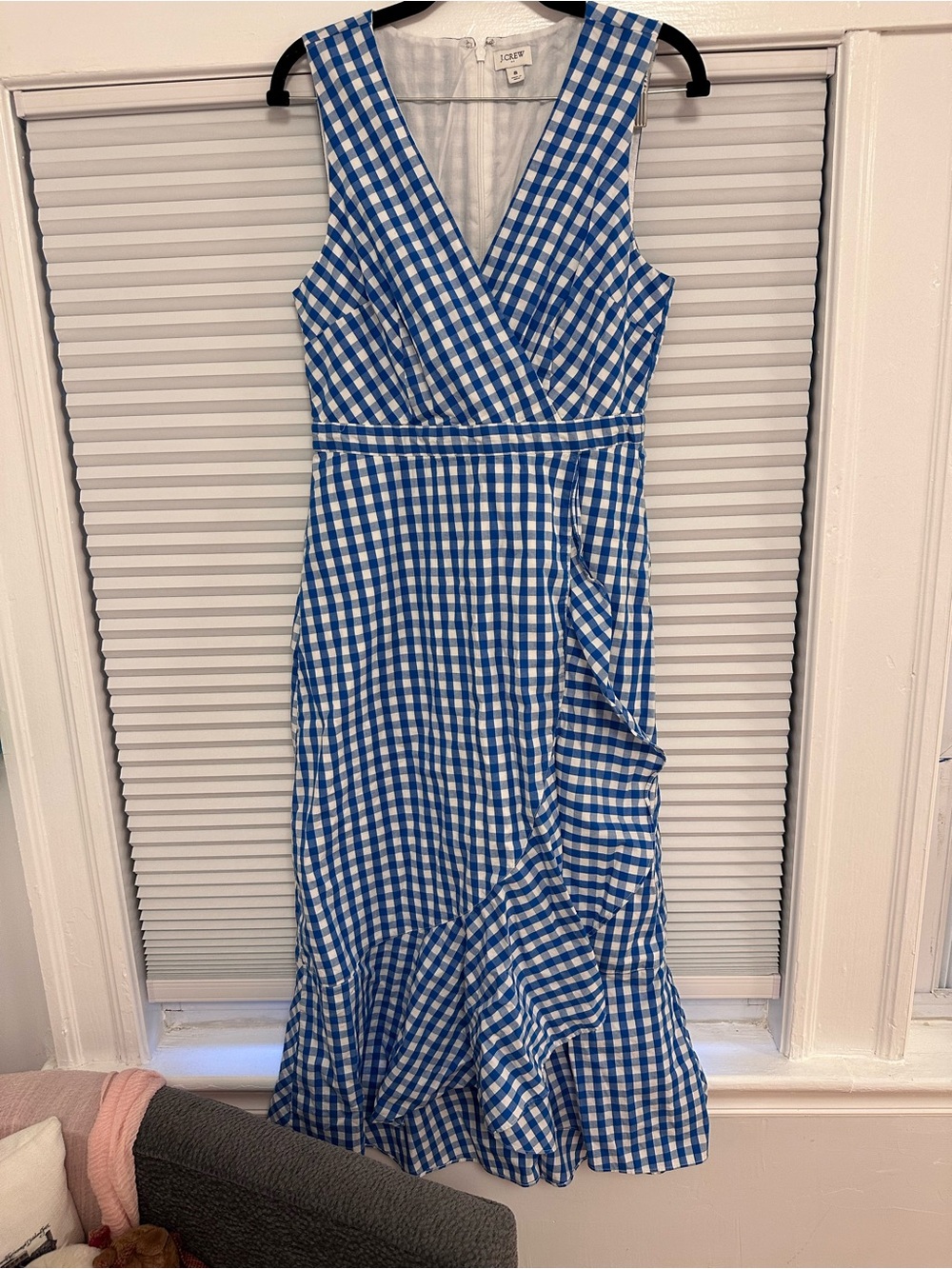 J. Crew Blue and White Gingham Wrap-Style Midi Dress